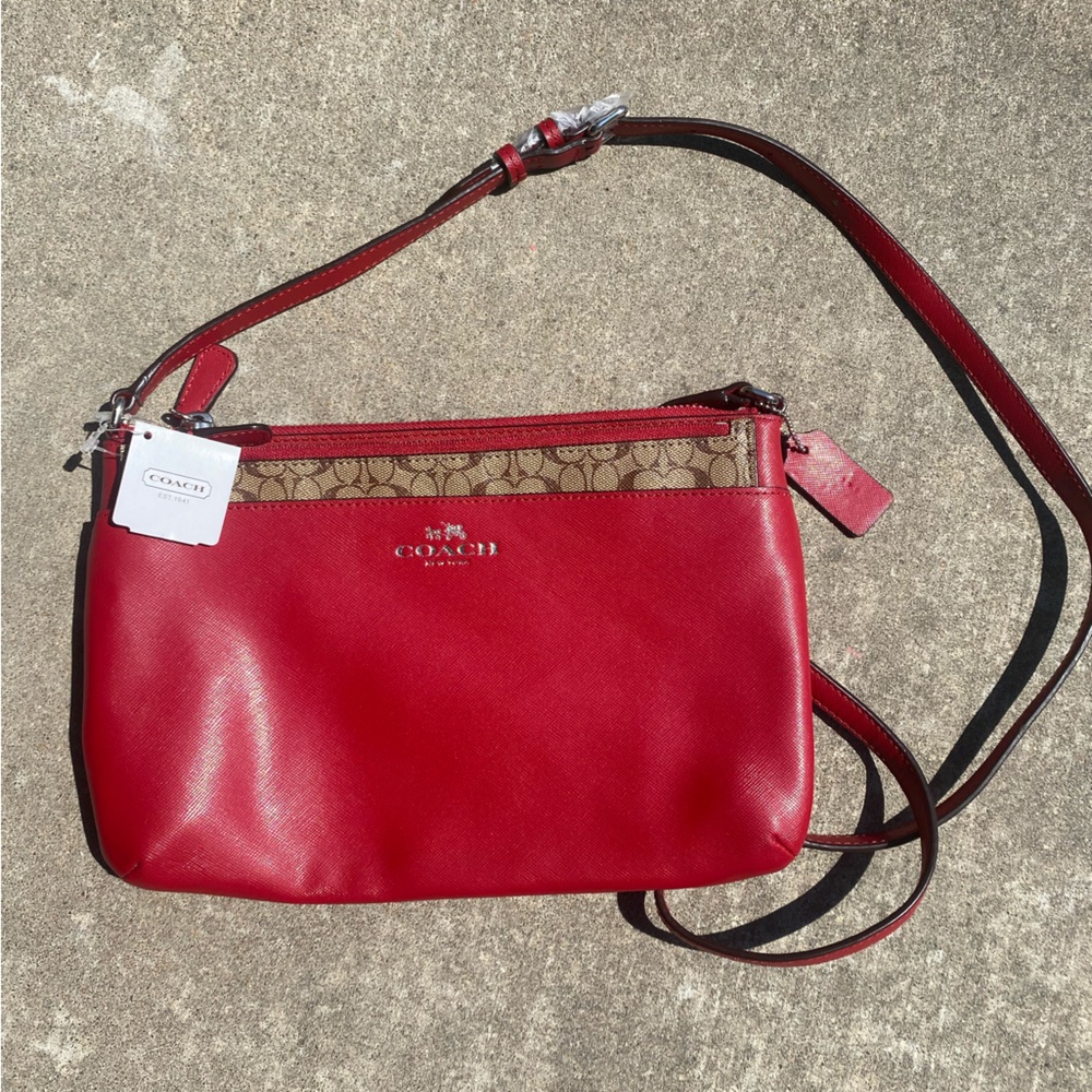 Coach Red Leather Crossbody with Signature Canvas Accent